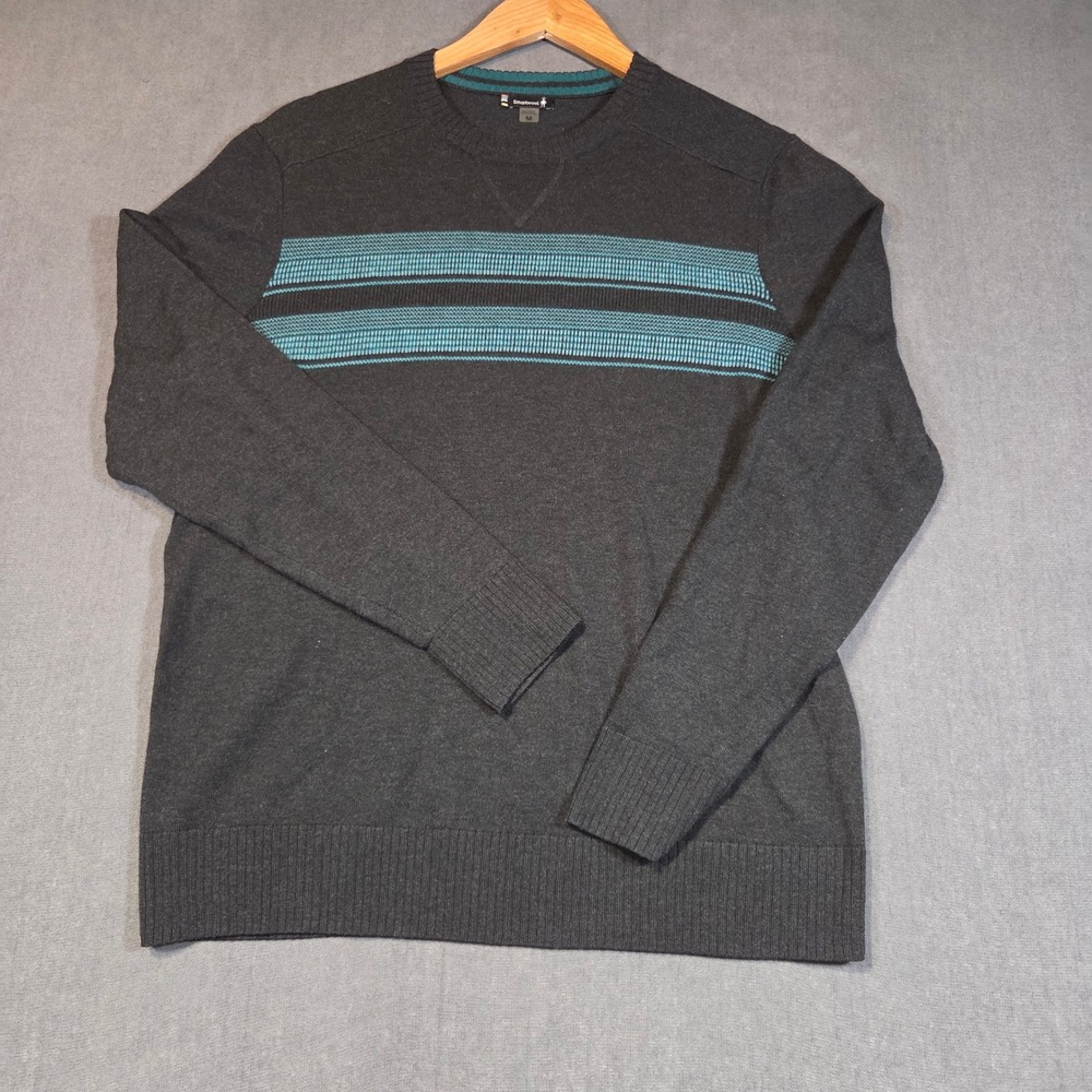 Smartwool Sweater Mens Medium Gray Teal Striped Merino Wool Crew Neck Knit